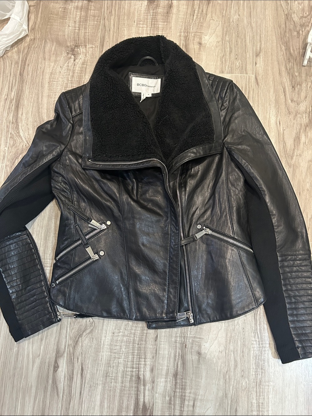 🌴BCBGeneration Black Leather Moto Jacket with Shearling Collar